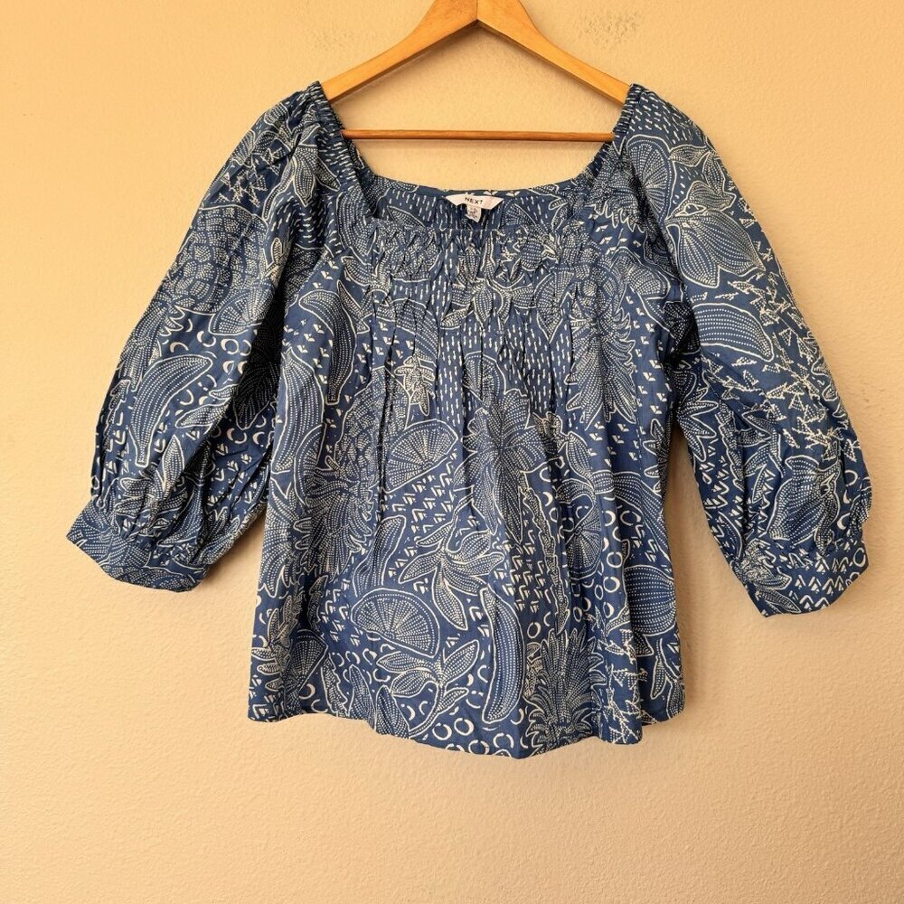 NEXT Floral Top Shirt Blouse Size 8 Blue White Puff Sleeves Balloon Sleeves
